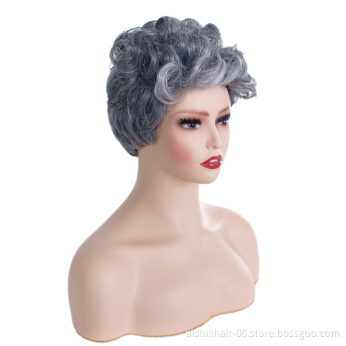 Wholesale heat resistant stort mix silvery with white color and overhead with curly  synthetic hair wigs for women